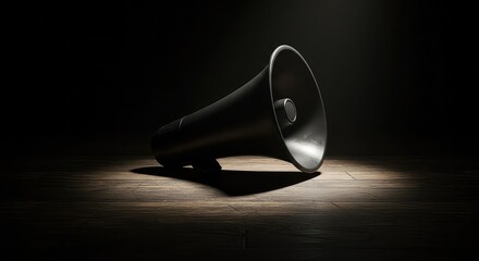 Dramatic spotlight illuminates a vintage black megaphone resting on a rustic wooden surface, conveying a powerful message or announcement
