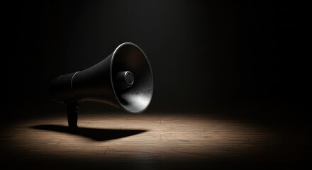 Powerful black megaphone casting dramatic shadow on textured wooden floor under spotlight, symbolizing announcement and attention-grabbing communication