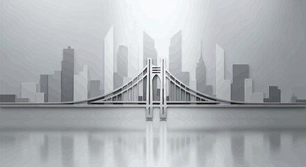 Elegant modern bridge design reflecting in water with city skyline.