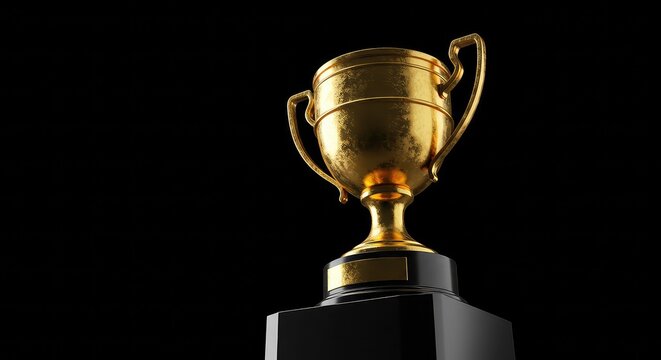 Shimmering golden trophy sits proudly on a sleek black pedestal, symbolizing ultimate achievement and prestigious recognition for champions