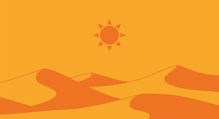 Desert scene with sand dunes and a bright sun in the sky.