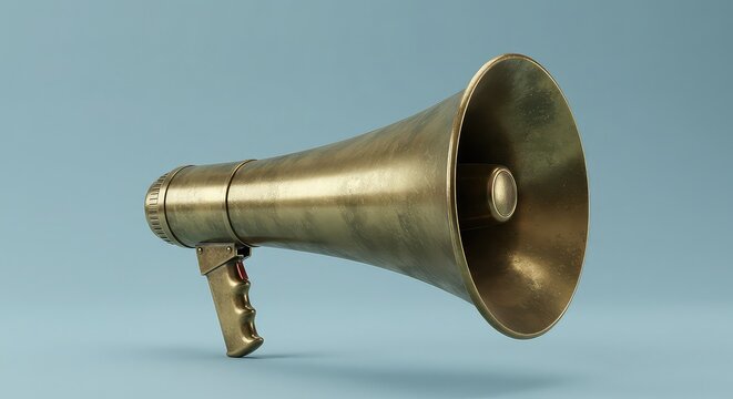 Vintage brass megaphone amplifying a powerful message against a clean blue background, symbolizing announcement and communication