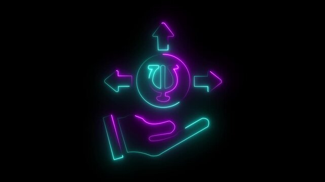 Neon Green Psychology Symbol Psi Hand Arrows Choice Decision Path Forward Direction.Glowing neon with arrows and hand on black background.4k