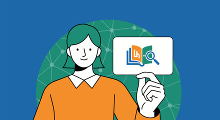 Woman holding a card with a book and magnifying glass icon symbolizing learning and research.