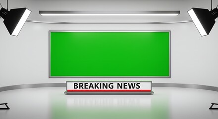 State-of-the-art broadcast studio setup with a green screen display and a prominent breaking news ticker for live media production