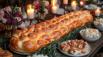 beautifully arranged table showcases array of Orthodox Easter delicacies including large braided bread colorful salads and candles. Fresh flowers add festive atmosphere.