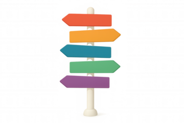 Colorful 3d signpost with five blank arrow signs pointing in different directions, rendering on transparent background, representing multiple pathway options