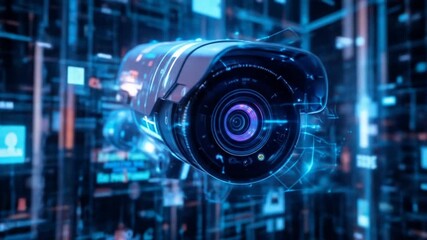 Digital CCTV cameras. Future AI, Artificial Intelligence. Futuristic surveillance system technology concepts. Security and control. Holographic data elements. 4k video - Powered by Adobe