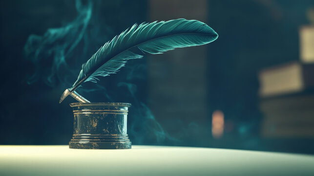 signature line on creamy vellum quill poised above inkwell ink shimmering macro lens classical study illustration concept scene visual for commercial design use high detail quality stock image