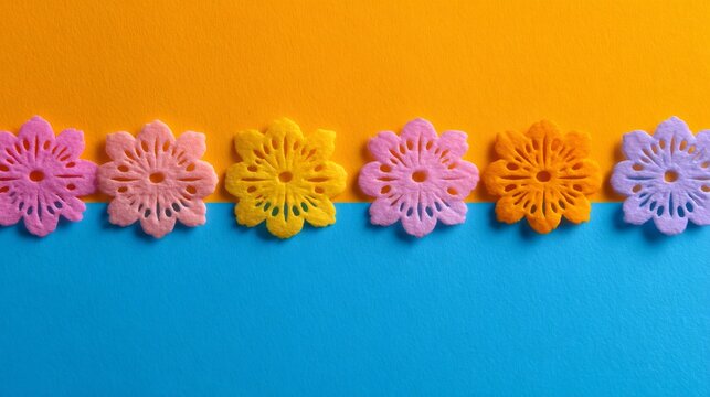 Colorful felt papels picados style flowers on two tone background. Day of the Dead Mexican culture celebration. Space for text.