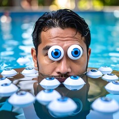 Man with large, googly eyes in a pool