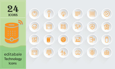 24 orange technology and smart home icons in a grid with a green and grey background collection