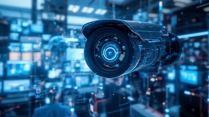 Digital CCTV cameras. Future AI, Artificial Intelligence. Futuristic surveillance system technology concepts. Security and control. Holographic data elements. 4k video - Powered by Adobe