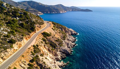 A coastal road winding along a dramatic cliffside, overlooking a tranquil sea.  Bright sunny day, high-angle view