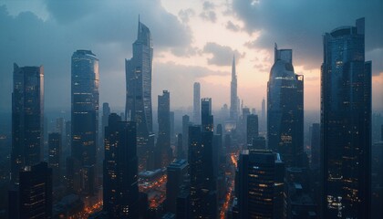 Fototapeta premium Twilight over towering skyscrapers.