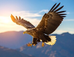 Majestic eagle soaring over mountains at sunrise