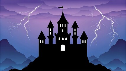 Spooky castle silhouette with lightning and stormy purple sky thunder
