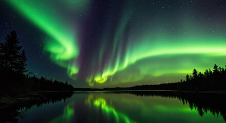 Stunning vibrant green aurora borealis dances across starry night sky reflecting on tranquil dark lake with silhouetted pine forest backdrop