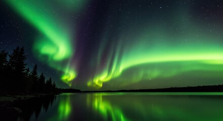 Fototapeta premium Experience the awe inspiring spectacle of vibrant green aurora borealis dancing across a star filled night sky reflected on a serene lake