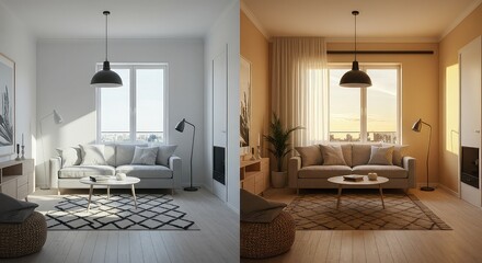 Experience the serene transformation of a modern living room from bright daytime to warm, inviting sunset glow, creating a cozy and stylish ambiance