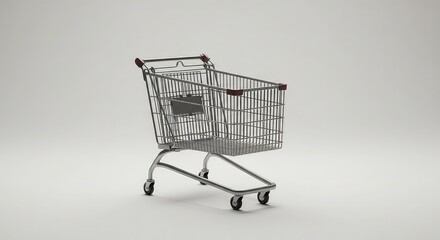 Classic metal shopping cart ready for your next grocery run, standing isolated on a clean, neutral background, symbolizing commerce and consumerism.