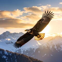 Majestic eagle soaring over snowy mountains at golden hour