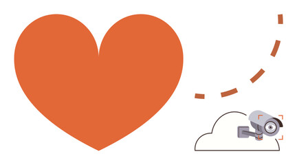 Large orange heart beside a surveillance camera atop a cloud, illustrating themes of privacy, love, technology, and observation. Ideal for security, relationships, technology, trust data privacy