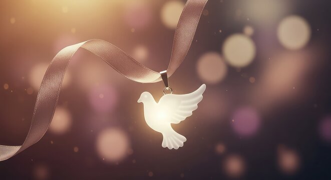 Ethereal glowing dove pendant suspended by a delicate ribbon against a bokeh background, symbolizing hope, peace, and spirituality with a touch of elegance