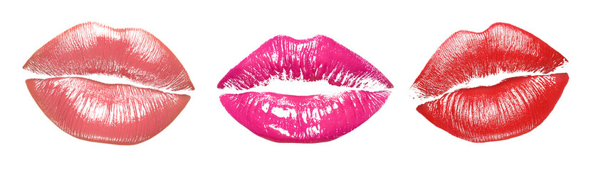 Lipstick kiss marks in different colors on white background, set