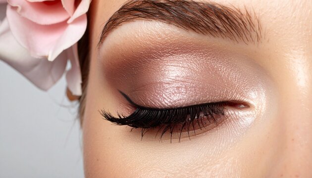 Elegant closed eye with shimmery eyeshadow, winged eyeliner, and a pink rose - Powered by Adobe