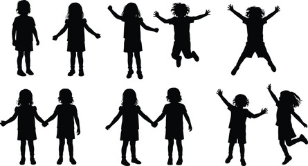 Children silhouette set featuring ten playful standing, jumping, and holding hands poses, vector illustration for childhood, friendship, activity, and lifestyle themes