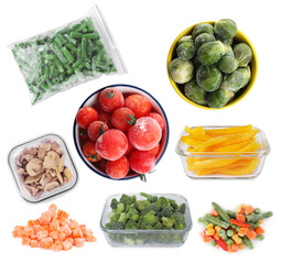 Different frozen vegetables on white background, collage