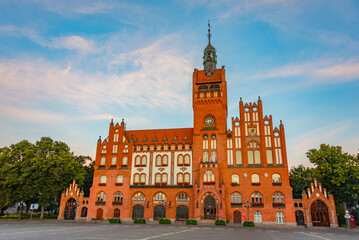 Fototapeta premium Sunrise view of town hall in Slupsk, Poland