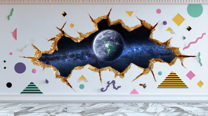 A surreal perspective of self-reflection from another version of oneself in a parallel world, with Earth visible through a cracked wall