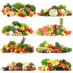 Fresh vegetables and fruits in piles on white background, set