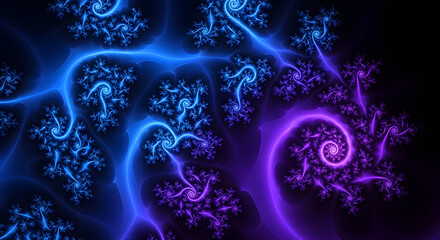 A vibrant fractal pattern with glowing blue and purple tendrils and intricate branching structures.