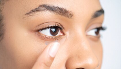 Fototapeta premium Woman Inserting Contact Lens, Close-up Eye, Skincare Concept.