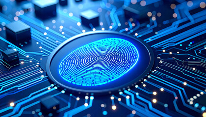 Biometric Security Concept: An intricate close-up view of a futuristic circuit board with a glowing fingerprint sensor at its center.