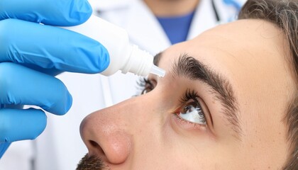 Ophthalmologist in blue gloves applying therapeutic eye drops to a male patient's eye during a medical check-up.