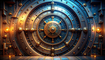 Obraz premium Vault Door Elegance: A close-up shot showcases the intricate details of a robust vault door, its metallic surface gleaming, showcasing its engineering and security