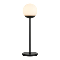 A modern black floor lamp with a spherical white glass shade, standing on a round base, providing stylish illumination.