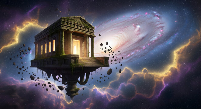 An ancient Greek temple floats majestically amidst swirling cosmic clouds and nebulae. - Powered by Adobe