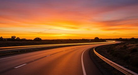 Naklejka premium Captivating highway at dusk bathed in golden sunset light with dramatic streaks of car headlights painting the scene