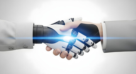 A human hand and a robotic hand shaking in a gesture of partnership and collaboration, with a bright blue light emanating from the point of contact.