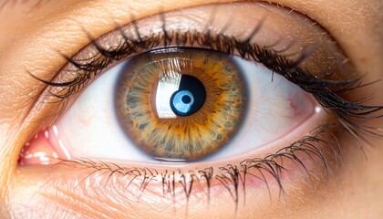 Macro shot of a human eye with a hazel iris and a unique blue reflection in the pupil