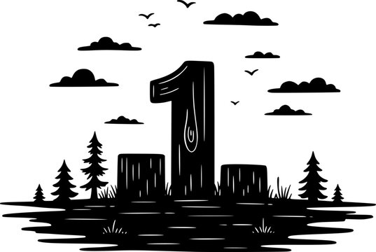 First Place Milestone: A minimalist woodcut-style illustration marking a significant accomplishment in nature's embrace. This emblem of first place stands firm amidst a serene landscape.