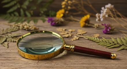 Uncover nature's secrets with this vintage magnifying glass, perfect for detailed observation and scientific discovery amidst dried botanical elements.