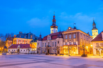 Sunrise view of the main square in Polish town Pszczyna, Poland