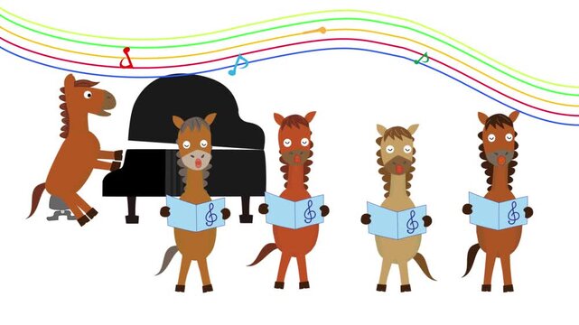 ２０２６年の年賀状の動画素材です。馬が新年を祝って音楽を楽しんでいます。