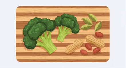 Fresh broccoli florets, peanuts in shells, and shelled peanuts with green leaves on a striped wooden cutting board, ready for cooking.